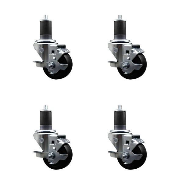 Service Caster 3'' SS Hard Rubber Swivel 1-5/8'' Expanding Stem Caster Set with Brake, 4PK SCC-SSEX20S314-HRS-TLB-158-4 - main